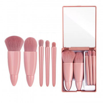 Conjunto de brochas de maquillaje portátil 5Pcs conjunto multifunción con espejo suave cabello suelto polvo cepillo rubor base p